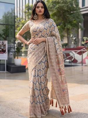 beige ethnic motifs printed pure cotton saree 5