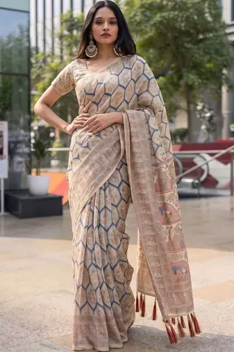 beige ethnic motifs printed pure cotton saree
