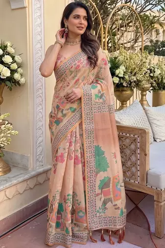 Pink floral zari organza kanjeevaram saree