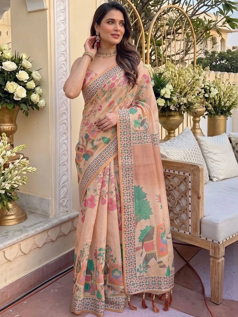 Pink floral zari organza kanjeevaram saree