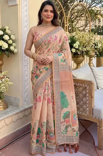 Pink floral zari organza kanjeevaram saree