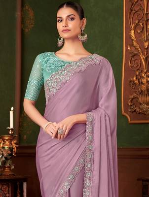lavender embellished sequinned pure chiffon saree 2