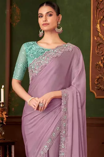 lavender embellished sequinned pure chiffon saree