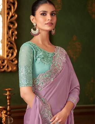 lavender embellished sequinned pure chiffon saree 3
