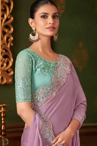 lavender embellished sequinned pure chiffon saree