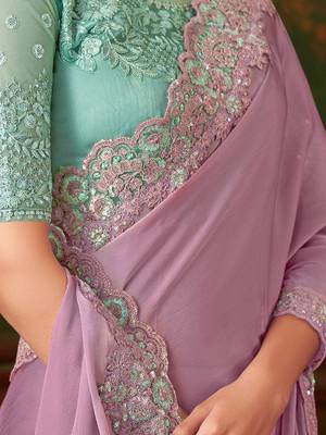 lavender embellished sequinned pure chiffon saree 4