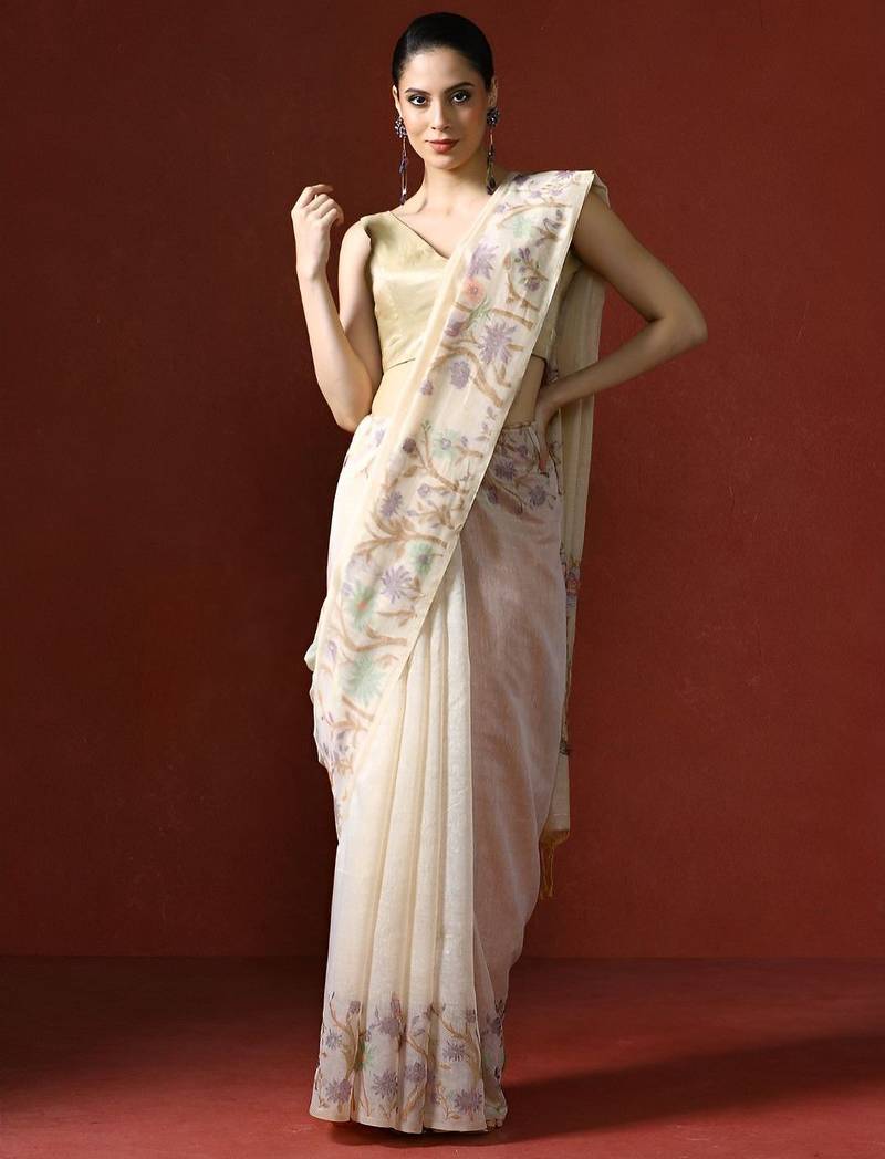 Pink embroidered ethnic motifs sequinned net saree