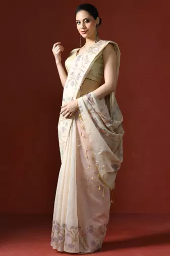 Pink embroidered ethnic motifs sequinned net saree