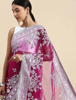 pink embroidered ethnic motifs sequinned net saree 1