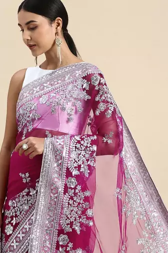 pink embroidered ethnic motifs sequinned net saree
