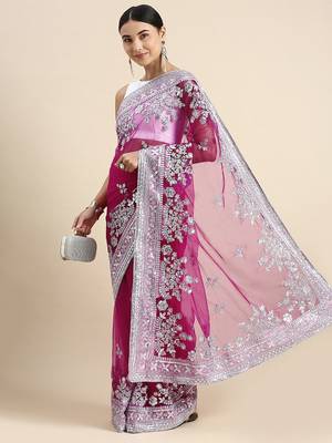 pink embroidered ethnic motifs sequinned net saree 2