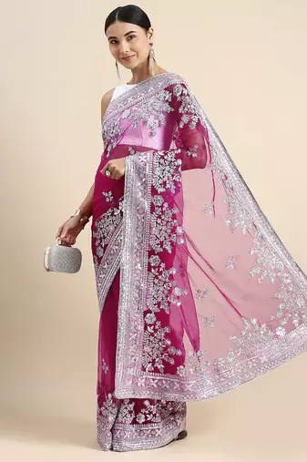 pink embroidered ethnic motifs sequinned net saree