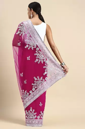 pink embroidered ethnic motifs sequinned net saree