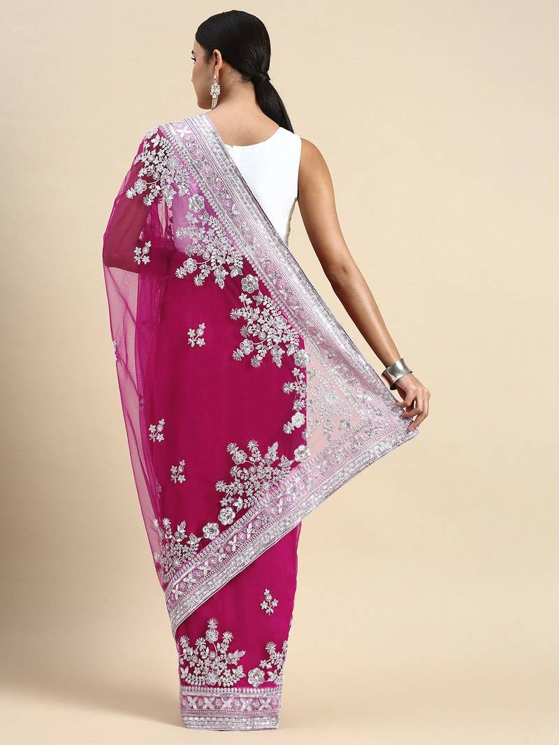 pink embroidered ethnic motifs sequinned net saree