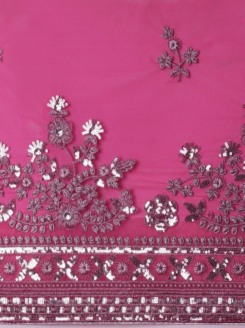 pink embroidered ethnic motifs sequinned net saree