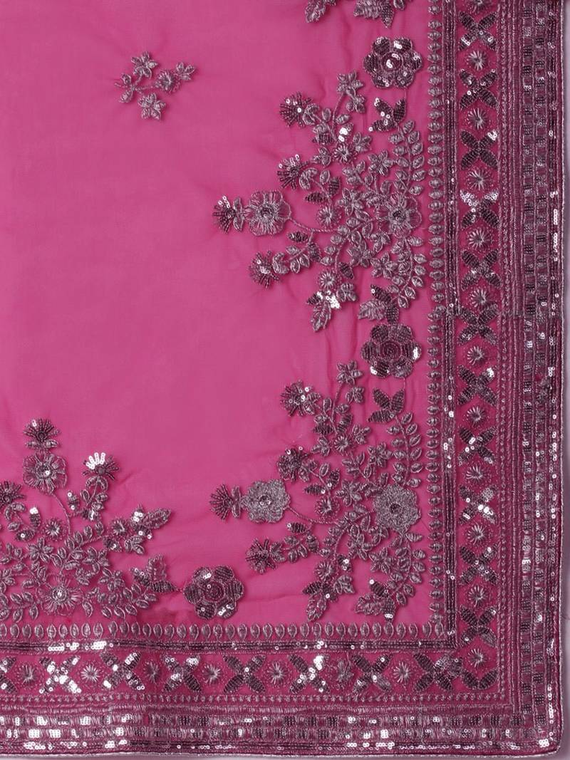 pink embroidered ethnic motifs sequinned net saree