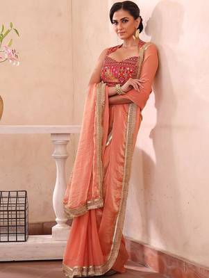 Peach peach-coloured ethnic motifs zari silk blend paithani saree 1