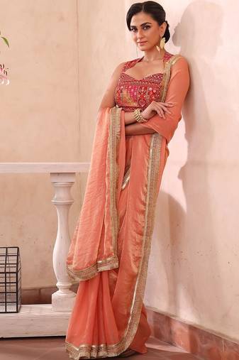 Peach peach-coloured ethnic motifs zari silk blend paithani saree