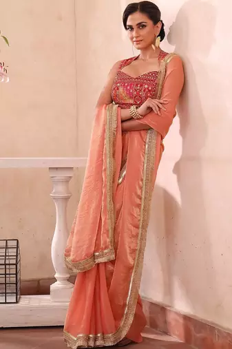 Peach peach-coloured ethnic motifs zari silk blend paithani saree