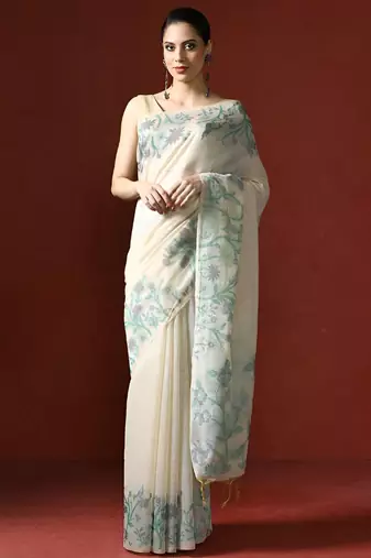 off_white woven design floral emroidered cotton saree with blouse 