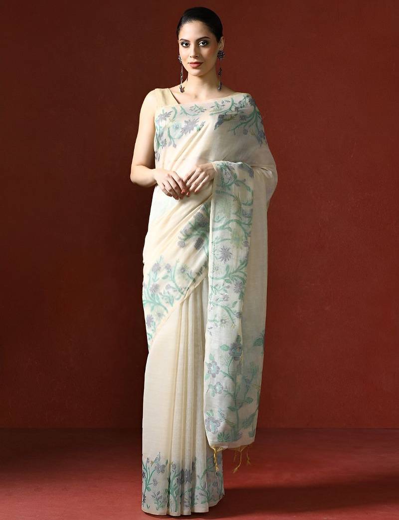 off_white woven design floral emroidered cotton saree with blouse 