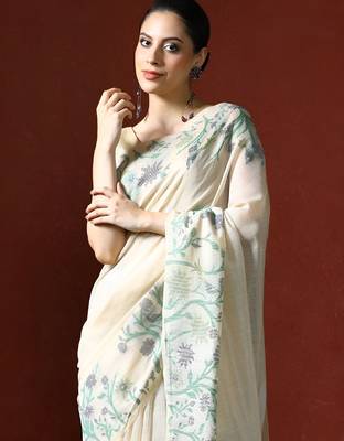 off_white woven design floral emroidered cotton saree with blouse  2