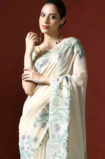 off_white woven design floral emroidered cotton saree with blouse 