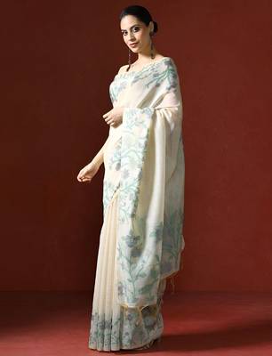 off_white woven design floral emroidered cotton saree with blouse  3