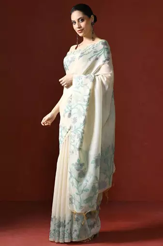 off_white woven design floral emroidered cotton saree with blouse 