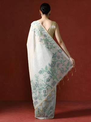 off_white woven design floral emroidered cotton saree with blouse  4