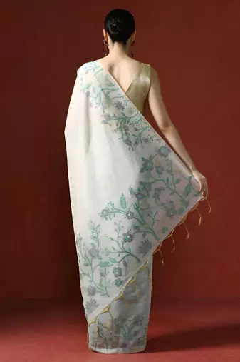 off_white woven design floral emroidered cotton saree with blouse 