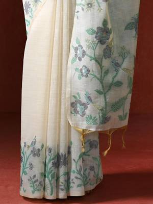 off_white woven design floral emroidered cotton saree with blouse  5