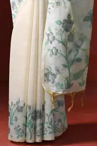 off_white woven design floral emroidered cotton saree with blouse 