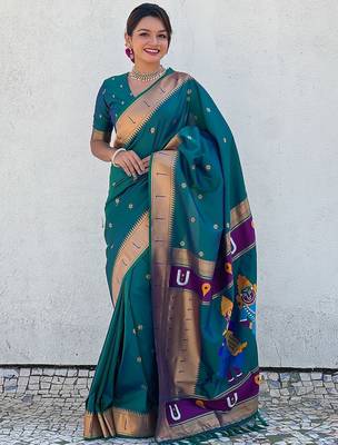 Navy blue navy blue ethnic motifs zari silk blend paithani saree 1