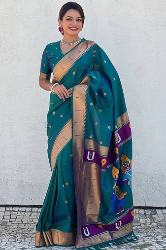Navy blue navy blue ethnic motifs zari silk blend paithani saree