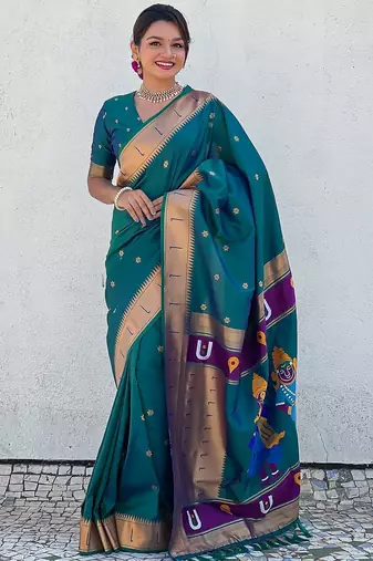 Navy blue navy blue ethnic motifs zari silk blend paithani saree