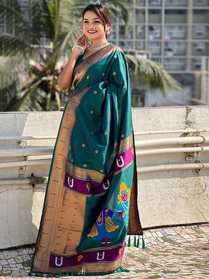 Navy blue navy blue ethnic motifs zari silk blend paithani saree 2