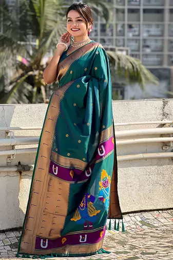 Navy blue navy blue ethnic motifs zari silk blend paithani saree