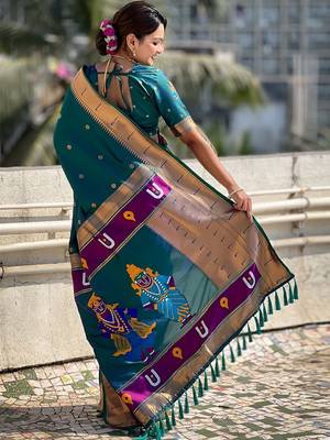 Navy blue navy blue ethnic motifs zari silk blend paithani saree 3