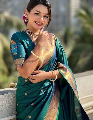 Navy blue navy blue ethnic motifs zari silk blend paithani saree 4