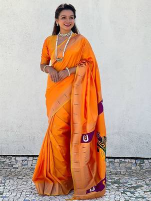 orange woven design zari paithani saree 1