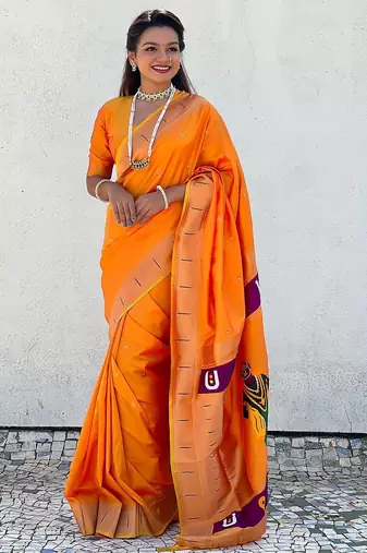 orange woven design zari paithani saree