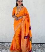 orange woven design zari paithani saree