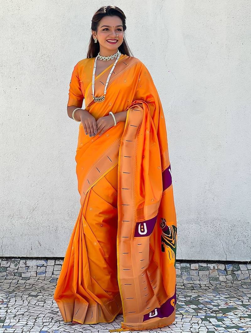orange woven design zari paithani saree