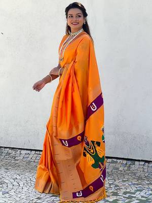orange woven design zari paithani saree 2
