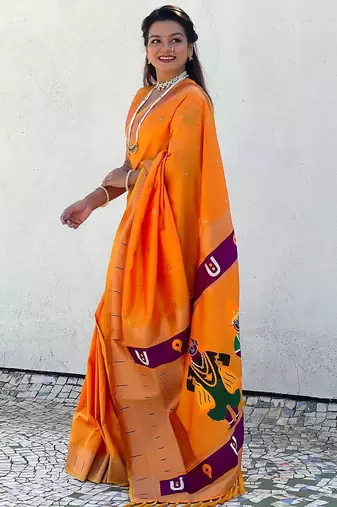 orange woven design zari paithani saree