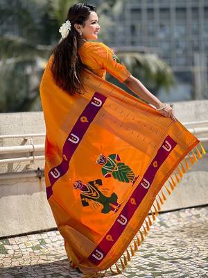 orange woven design zari paithani saree 3