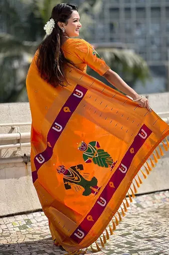 orange woven design zari paithani saree