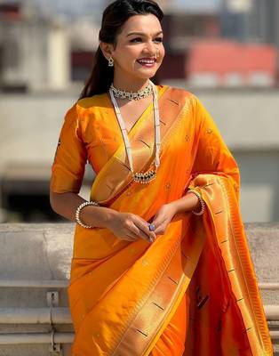 orange woven design zari paithani saree 4