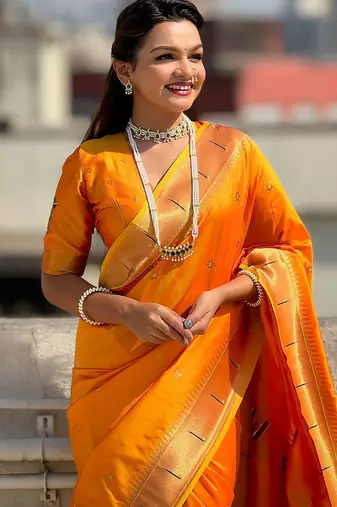 orange woven design zari paithani saree